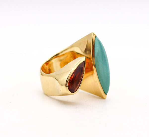 -Italian Modernist Bypass Ring In 18Kt Yellow Gold 8.14 Ctw Turquoise And Citrine