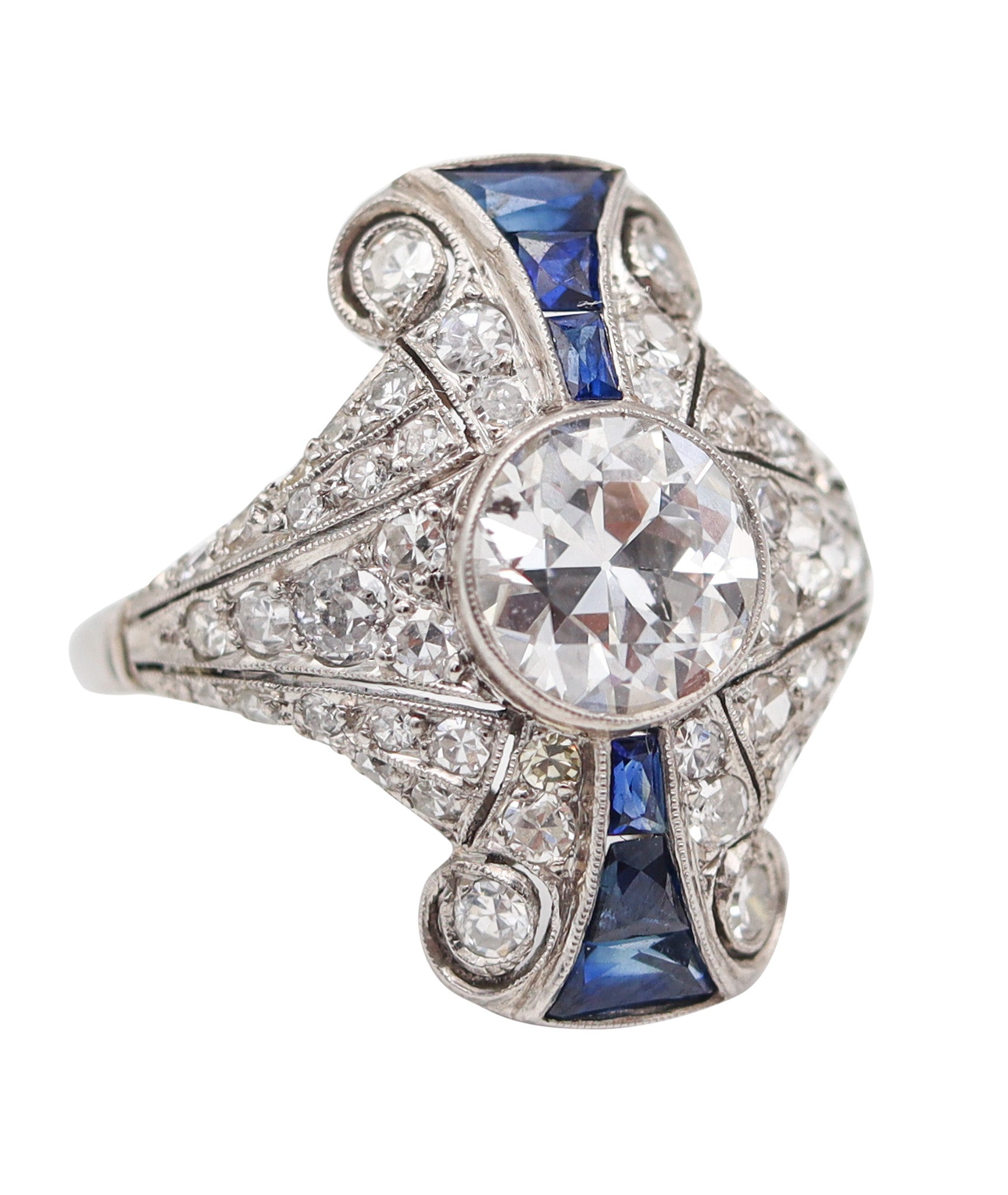 ART DECO 1925 Platinum Cocktail Ring With 3.65 Ctw In Diamonds & Sapphires