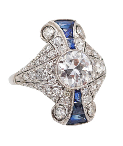ART DECO 1925 Platinum Cocktail Ring With 3.65 Ctw In Diamonds & Sapphires