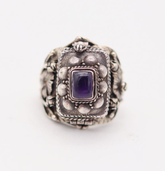 ART-DECO 1930 Poison Hidden-Box Ring In .925 Sterling Silver With Amethyst