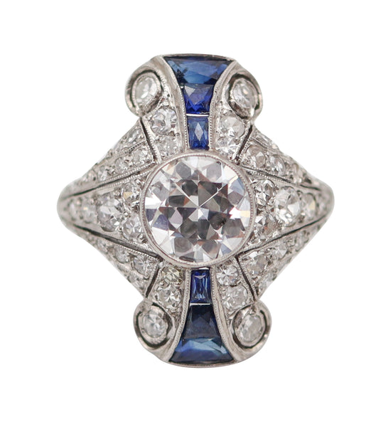 ART DECO 1925 Platinum Cocktail Ring With 3.65 Ctw In Diamonds & Sapphires