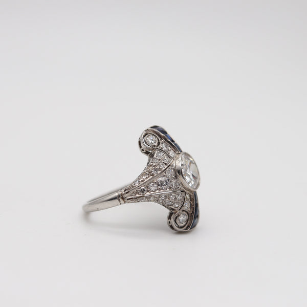 ART DECO 1925 Platinum Cocktail Ring With 3.65 Ctw In Diamonds & Sapphires