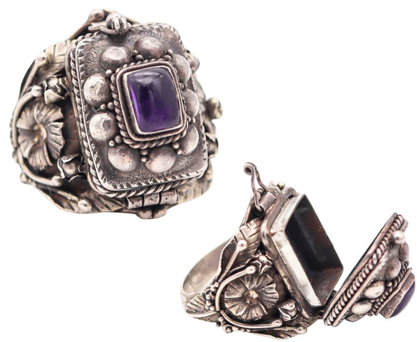 ART-DECO 1930 Poison Hidden-Box Ring In .925 Sterling Silver With Amethyst