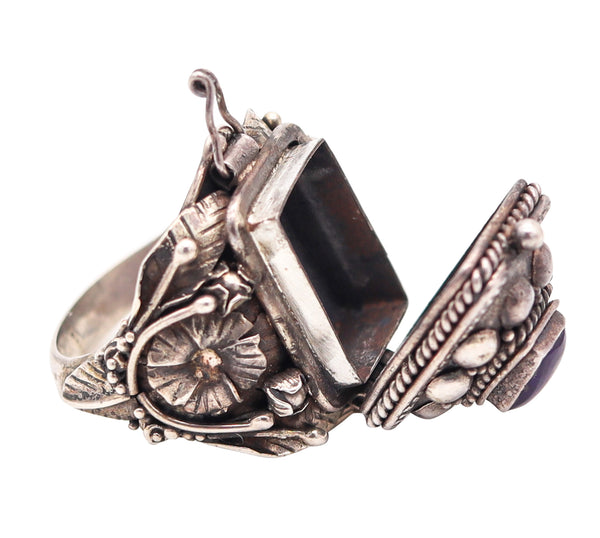 ART-DECO 1930 Poison Hidden-Box Ring In .925 Sterling Silver With Amethyst