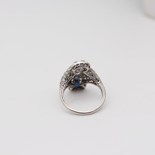 ART DECO 1925 Platinum Cocktail Ring With 3.65 Ctw In Diamonds & Sapphires