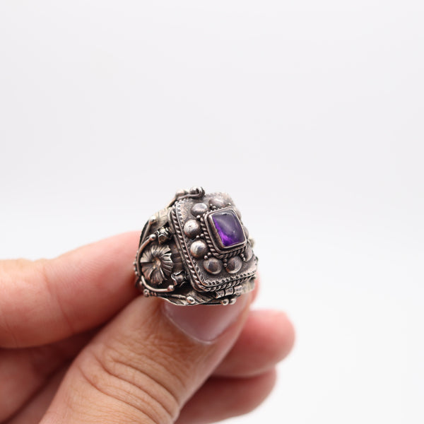 ART-DECO 1930 Poison Hidden-Box Ring In .925 Sterling Silver With Amethyst