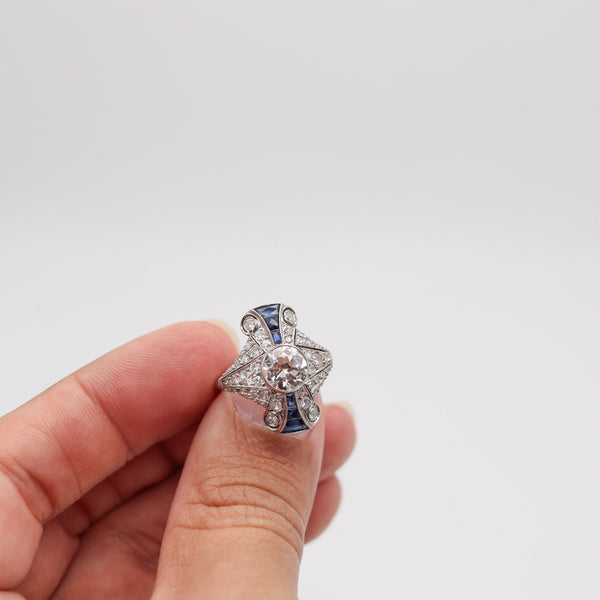 ART DECO 1925 Platinum Cocktail Ring With 3.65 Ctw In Diamonds & Sapphires
