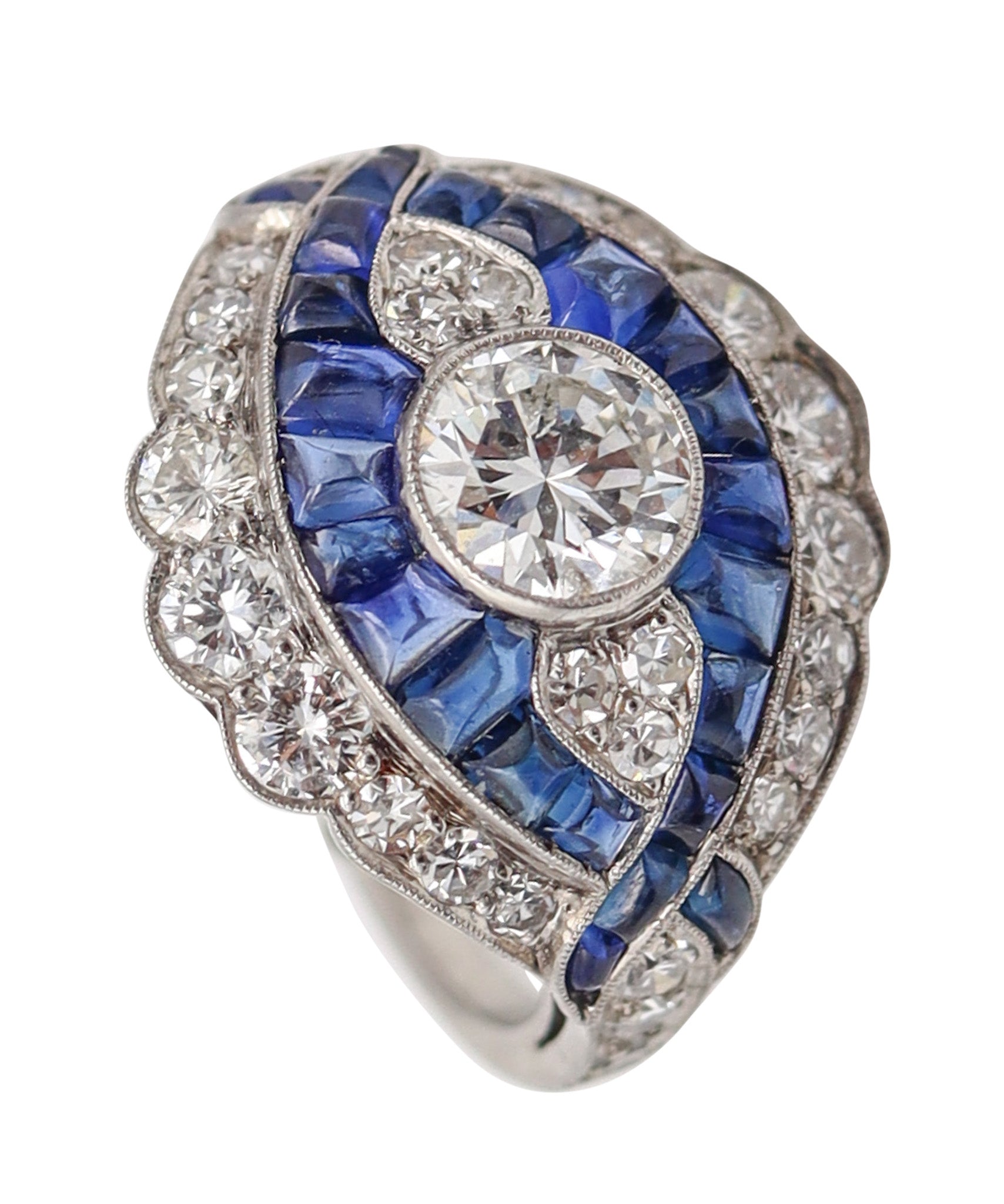 ART DECO 1925-30 Platinum Cocktail Ring With 2.85 Ctw In Diamonds & Sapphires