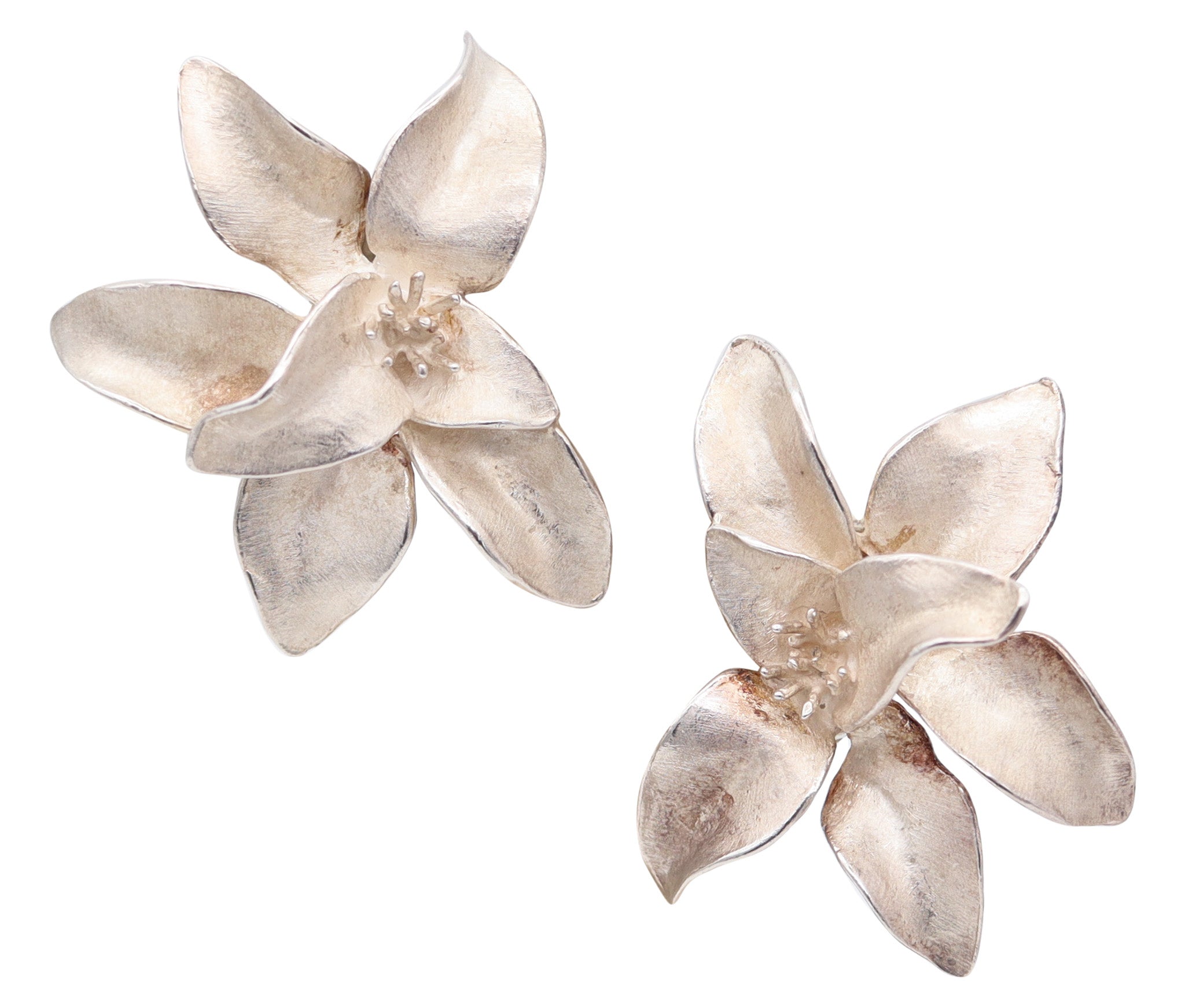 J GABRIEL 1970 Sculptural Orchids Flower Clips-On Earrings In .925 Sterling Silver