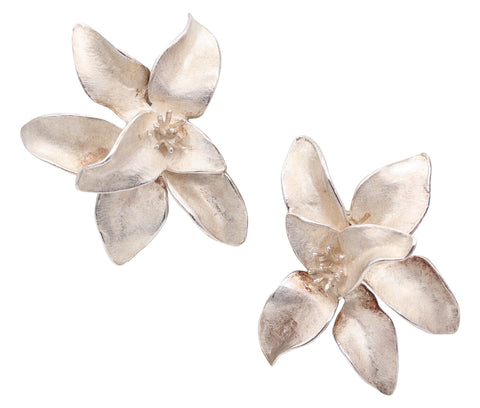 J GABRIEL 1970 Sculptural Orchids Flower Clips-On Earrings In .925 Sterling Silver