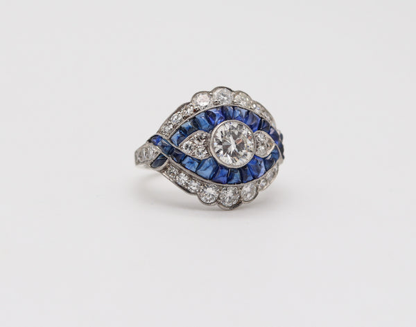 ART DECO 1925-30 Platinum Cocktail Ring With 2.85 Ctw In Diamonds & Sapphires