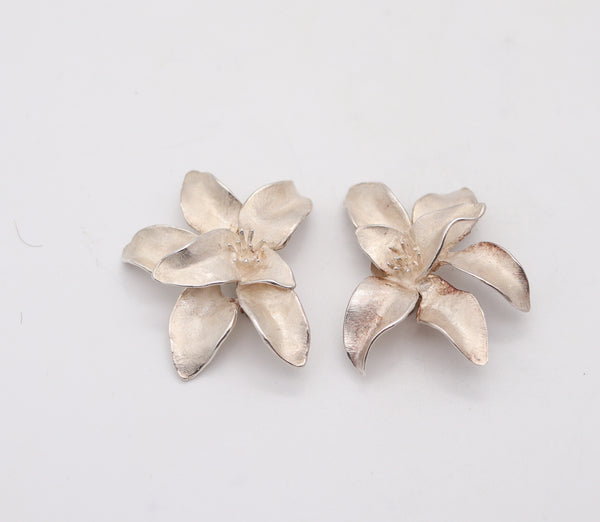 J GABRIEL 1970 Sculptural Orchids Flower Clips-On Earrings In .925 Sterling Silver