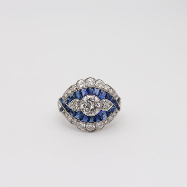 ART DECO 1925-30 Platinum Cocktail Ring With 2.85 Ctw In Diamonds & Sapphires
