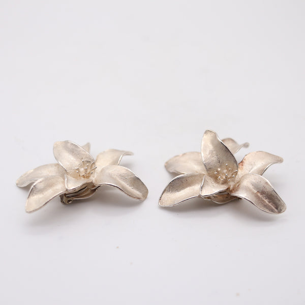 J GABRIEL 1970 Sculptural Orchids Flower Clips-On Earrings In .925 Sterling Silver