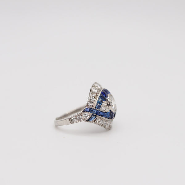 ART DECO 1925-30 Platinum Cocktail Ring With 2.85 Ctw In Diamonds & Sapphires