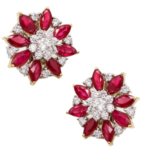 -Cluster Clips On Earrings In 18Kt Gold With 18.76 Ctw In Diamonds And Rubies