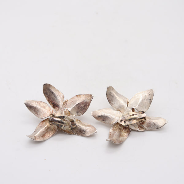 J GABRIEL 1970 Sculptural Orchids Flower Clips-On Earrings In .925 Sterling Silver
