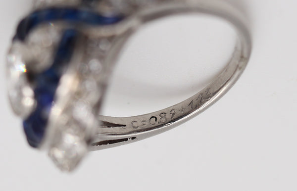 ART DECO 1925-30 Platinum Cocktail Ring With 2.85 Ctw In Diamonds & Sapphires