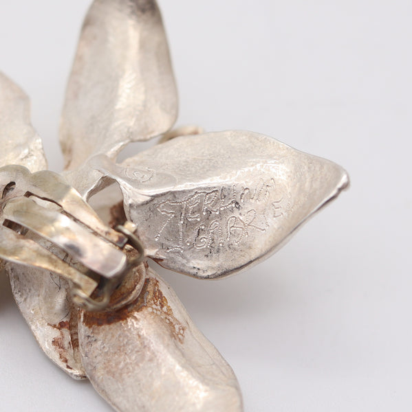 J GABRIEL 1970 Sculptural Orchids Flower Clips-On Earrings In .925 Sterling Silver