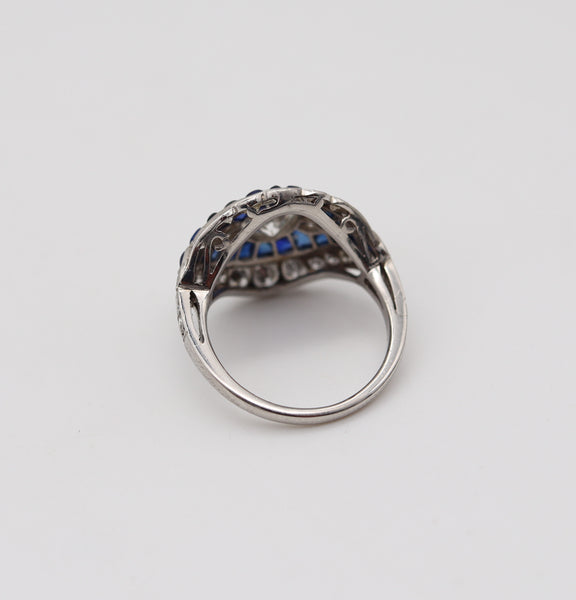 ART DECO 1925-30 Platinum Cocktail Ring With 2.85 Ctw In Diamonds & Sapphires