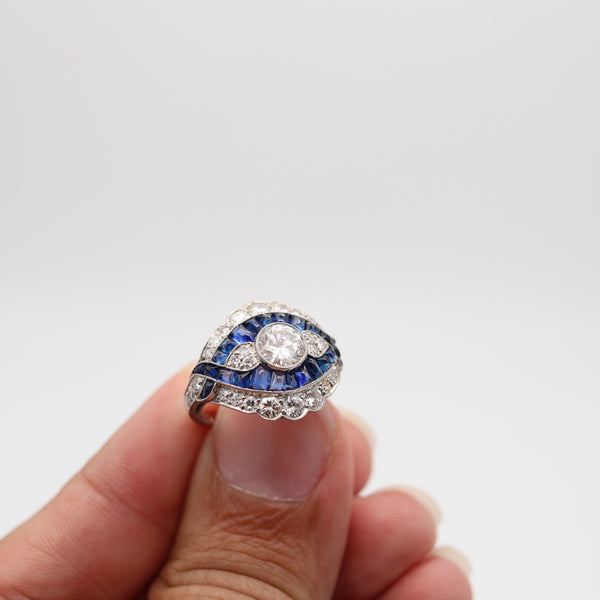 ART DECO 1925-30 Platinum Cocktail Ring With 2.85 Ctw In Diamonds & Sapphires