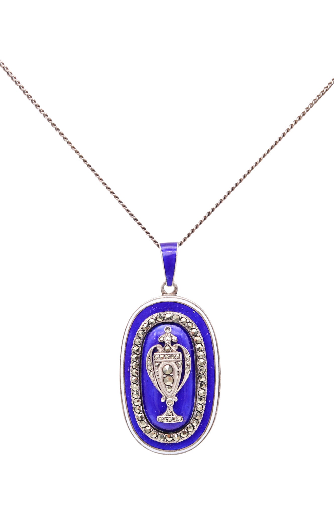 GEORGIAN 1820 Blue And White Enameled Necklace In Sterling Silver With Marcasite
