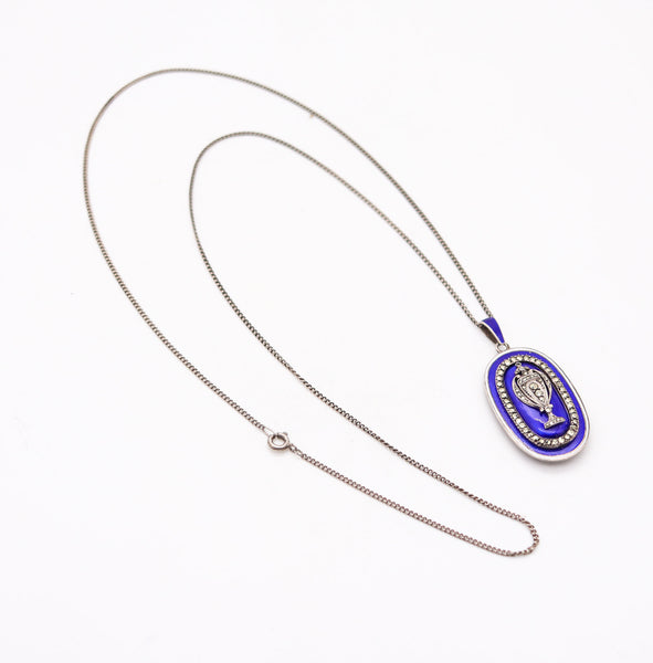 GEORGIAN 1820 Blue And White Enameled Necklace In Sterling Silver With Marcasite