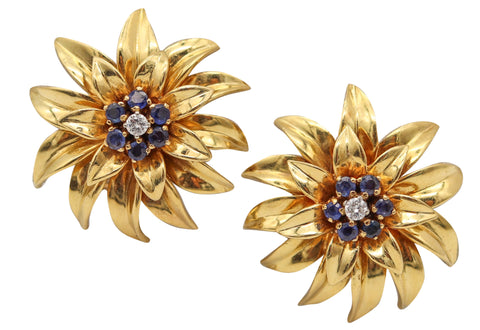 TIFFANY & CO. 1960 Leaves Earrings In 18Kt Yellow Gold With Sapphires & Diamonds