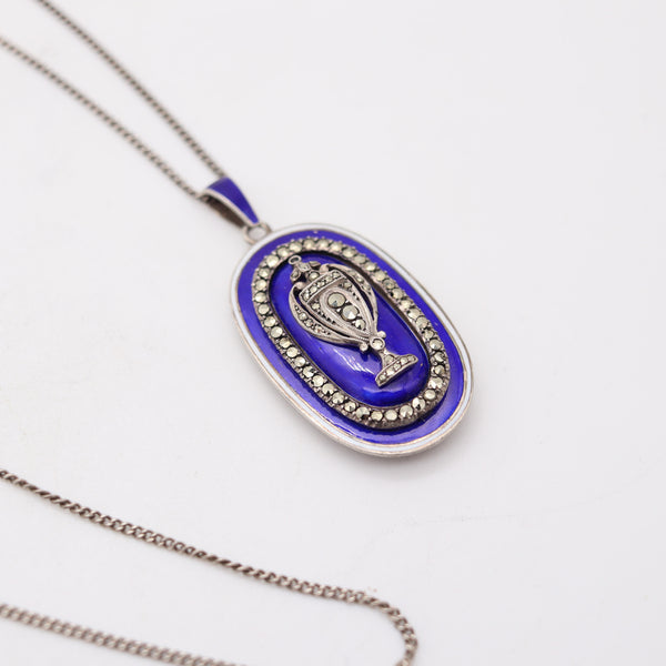 GEORGIAN 1820 Blue And White Enameled Necklace In Sterling Silver With Marcasite