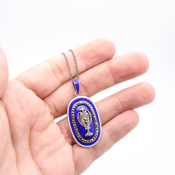 GEORGIAN 1820 Blue And White Enameled Necklace In Sterling Silver With Marcasite