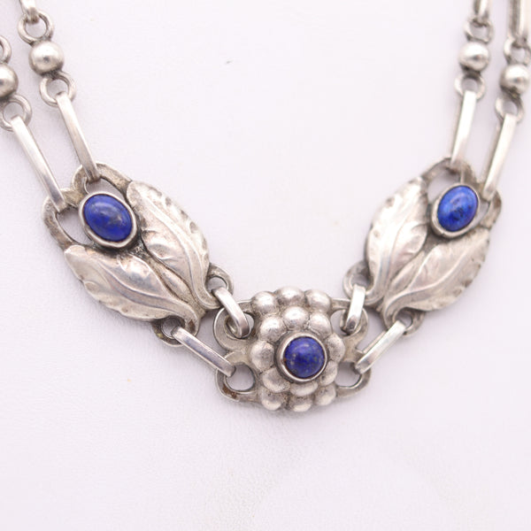 GEORG JENSEN 1905 Rare Art Nouveau Leaves Necklace In .830 Sterling With Lapis