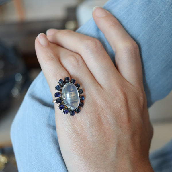 VICTORIAN 1880 Cocktail Ring In 10Kt Gold With Moonstone & Sapphires