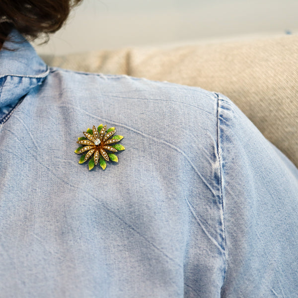 EDWARDIAN 1908 Enameled Flower Pendant In 14Kt Gold With Diamond & Pearls