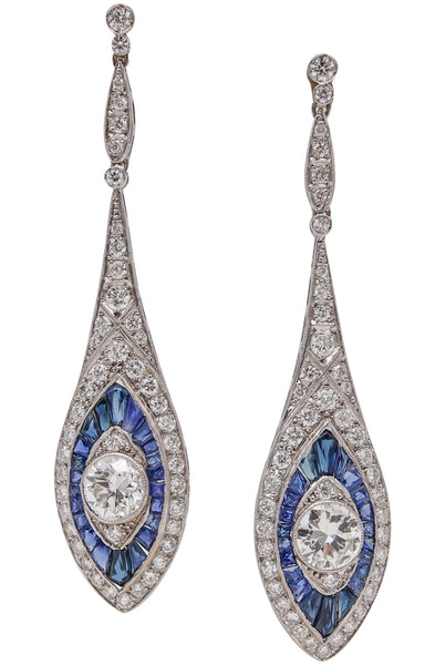 ART DECO 1930 Platinum Dangle earrings With 10.14 Ctw In Diamonds & Sapphires