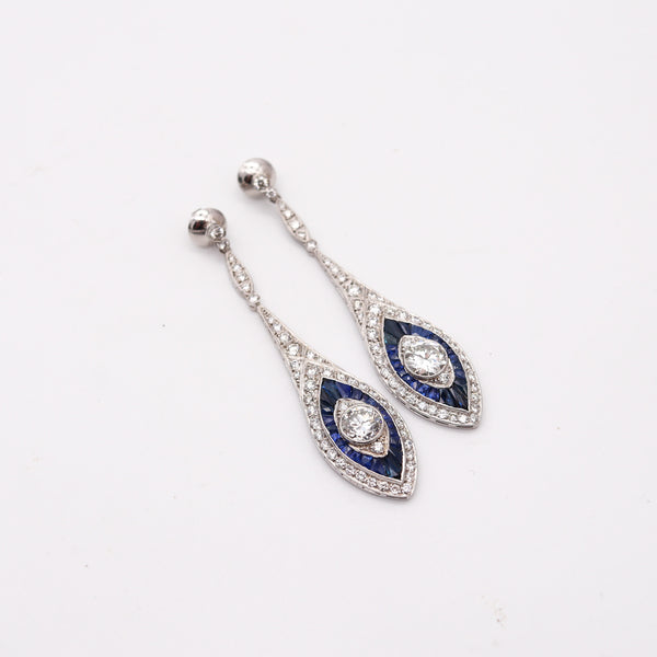 ART DECO 1930 Platinum Dangle earrings With 10.14 Ctw In Diamonds & Sapphires