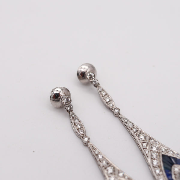 ART DECO 1930 Platinum Dangle earrings With 10.14 Ctw In Diamonds & Sapphires