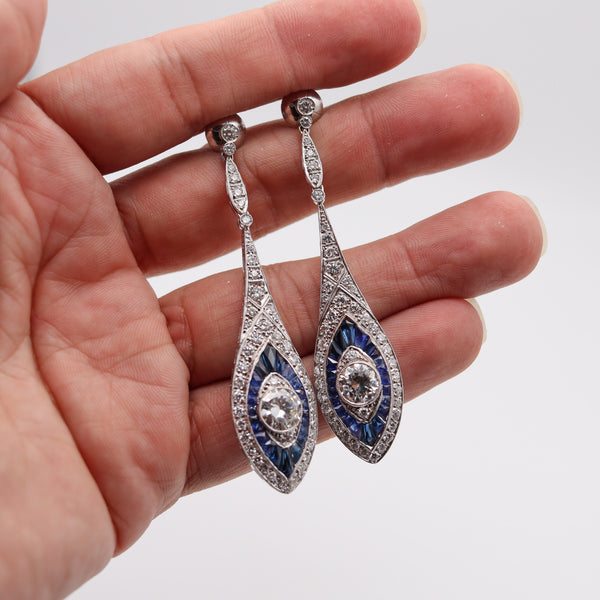 ART DECO 1930 Platinum Dangle earrings With 10.14 Ctw In Diamonds & Sapphires