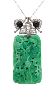 VEVER Paris 1920 Deco Platinum Necklace-Brooch With Jadeite, Diamonds & Onyx