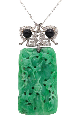 VEVER Paris 1920 Deco Platinum Necklace-Brooch With Jadeite, Diamonds & Onyx