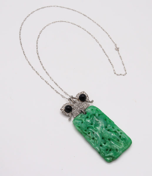 VEVER Paris 1920 Deco Platinum Necklace-Brooch With Jadeite, Diamonds & Onyx