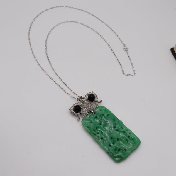 VEVER Paris 1920 Deco Platinum Necklace-Brooch With Jadeite, Diamonds & Onyx