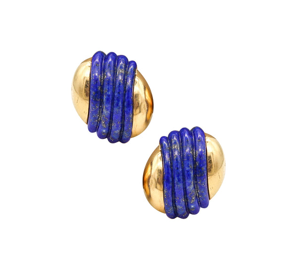 -Cartier 1970 Clips On Earrings I 18Kt Yellow Gold With Fluted Lapis Lazuli