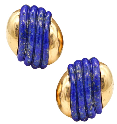 -Cartier 1970 Clips On Earrings I 18Kt Yellow Gold With Fluted Lapis Lazuli