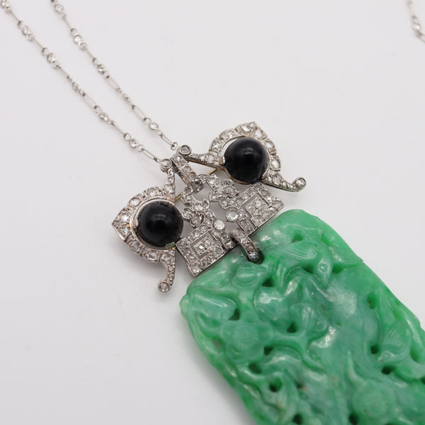 VEVER Paris 1920 Deco Platinum Necklace-Brooch With Jadeite, Diamonds & Onyx