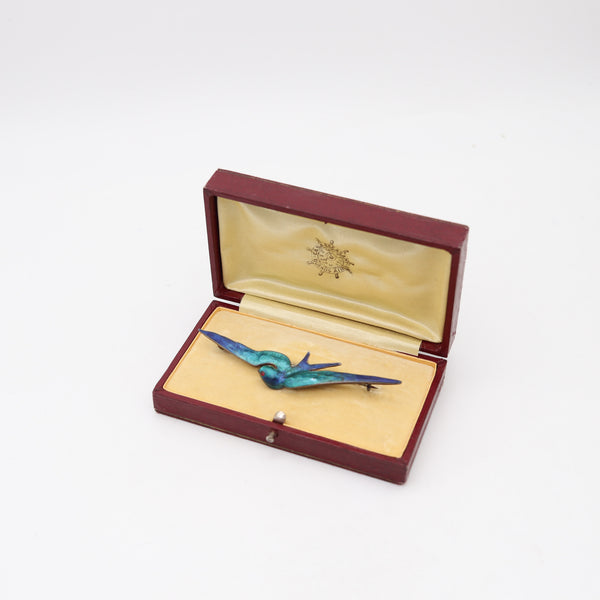 AUSTRIAN 1900 Art Nouveau Fire-Enamel Flying Pigeon In Sterling With Ruby