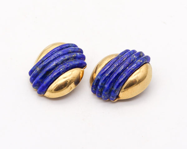 -Cartier 1970 Clips On Earrings I 18Kt Yellow Gold With Fluted Lapis Lazuli