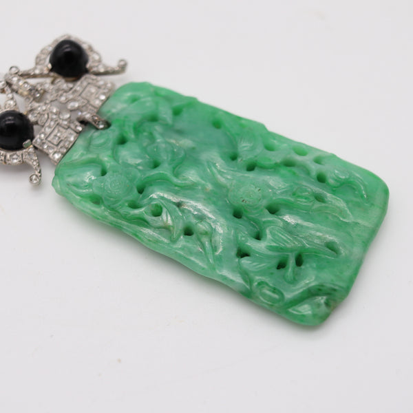 VEVER Paris 1920 Deco Platinum Necklace-Brooch With Jadeite, Diamonds & Onyx