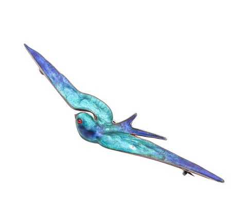 AUSTRIAN 1900 Art Nouveau Fire-Enamel Flying Pigeon In Sterling With Ruby