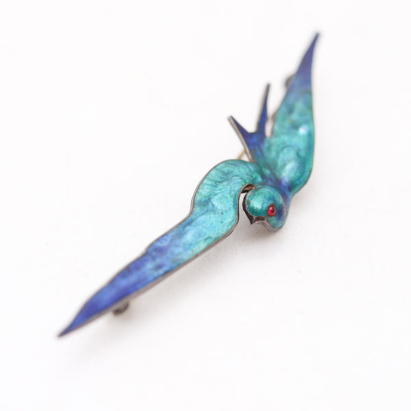 AUSTRIAN 1900 Art Nouveau Fire-Enamel Flying Pigeon In Sterling With Ruby