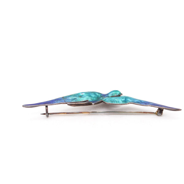 AUSTRIAN 1900 Art Nouveau Fire-Enamel Flying Pigeon In Sterling With Ruby